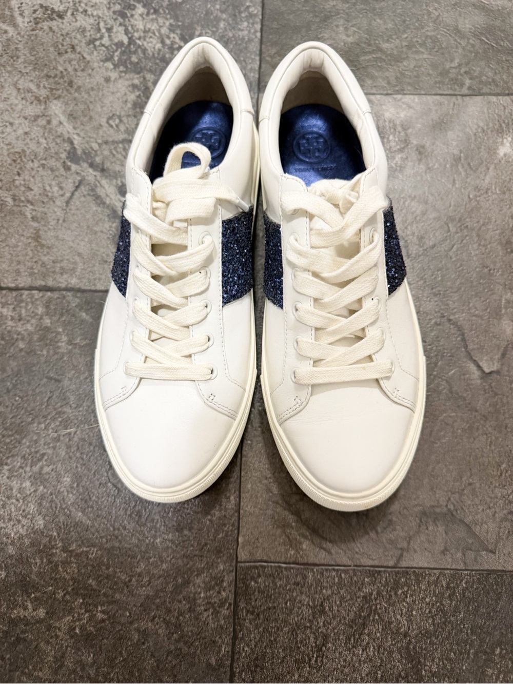 NEW Tory Burch Carter Leather Glitter Sneakers - White/Navy Blue - Size 9
